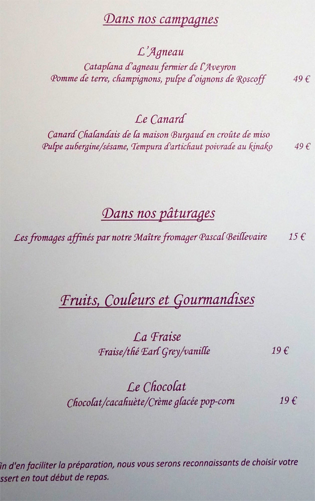 A la carte, viandes, fromages et dessert