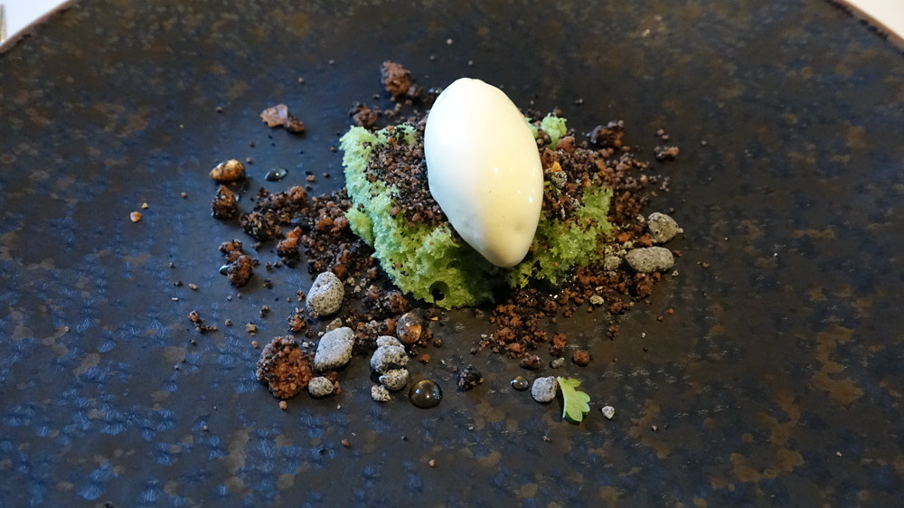 Balade au bois de la Chaize, crémeux et sable de chocolat (pour rappeler la terre), biscuit au thé vert (pour rappeler la mousse), crème glacée à la sève de pin
