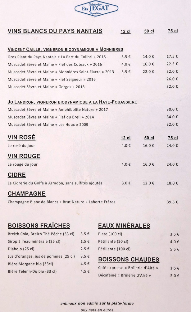 La carte des vins et autres boissons
