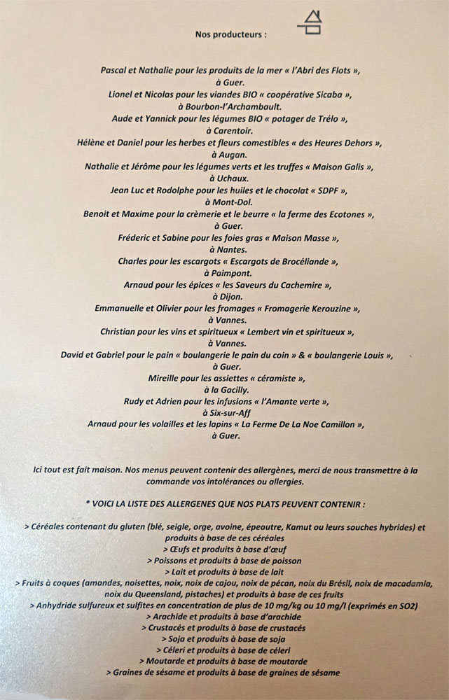 Fournisseurs et allergènes