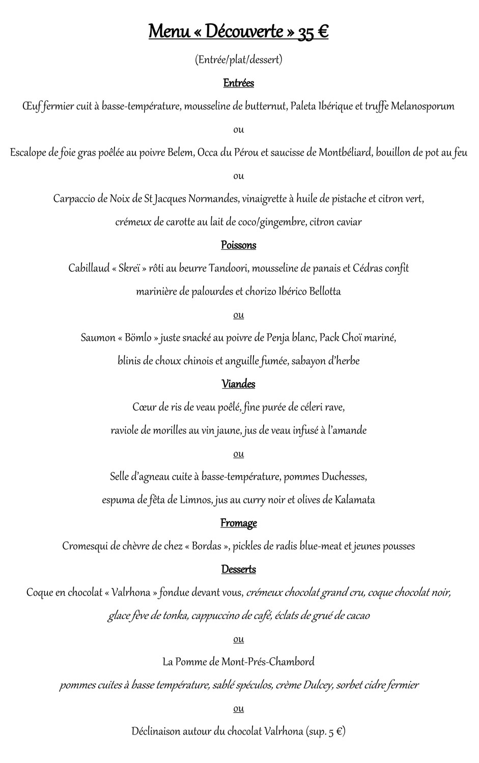 Le contenu de notre menu