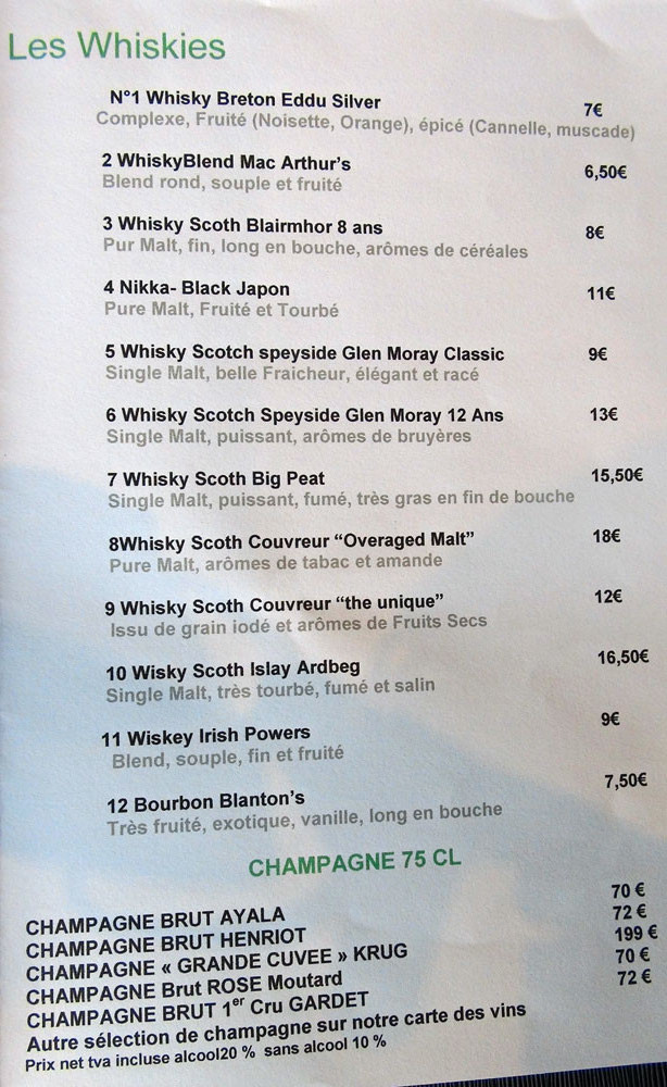 Carte des whiskies