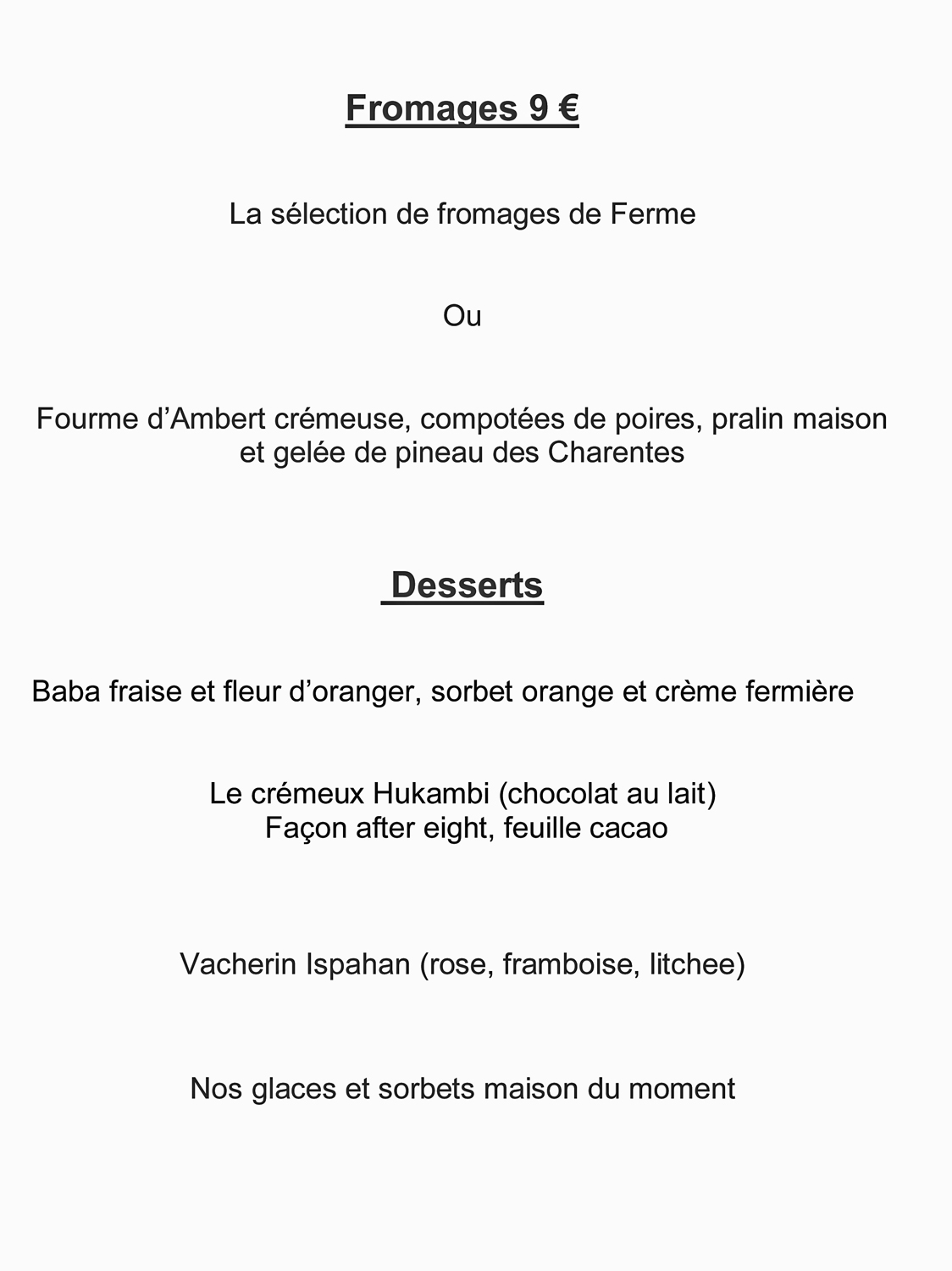 Fromages et desserts