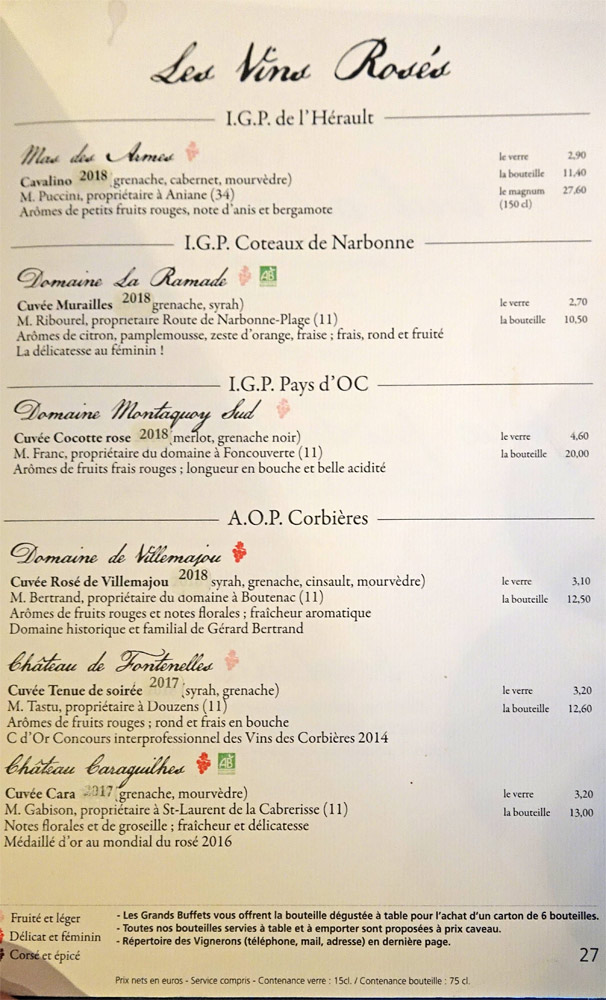 Vins rosés : IGP de l'Hérault - IGP Côteaux de Narbonne - IGP Pays d'Oc - AOP Corbières