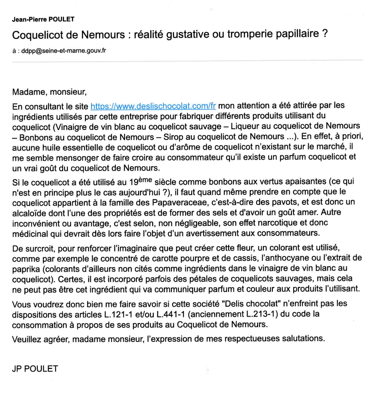 Mon mél à la DDCRF du 77