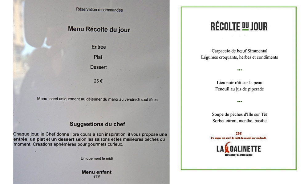 Menu Récolte du Jour à 25 € 00