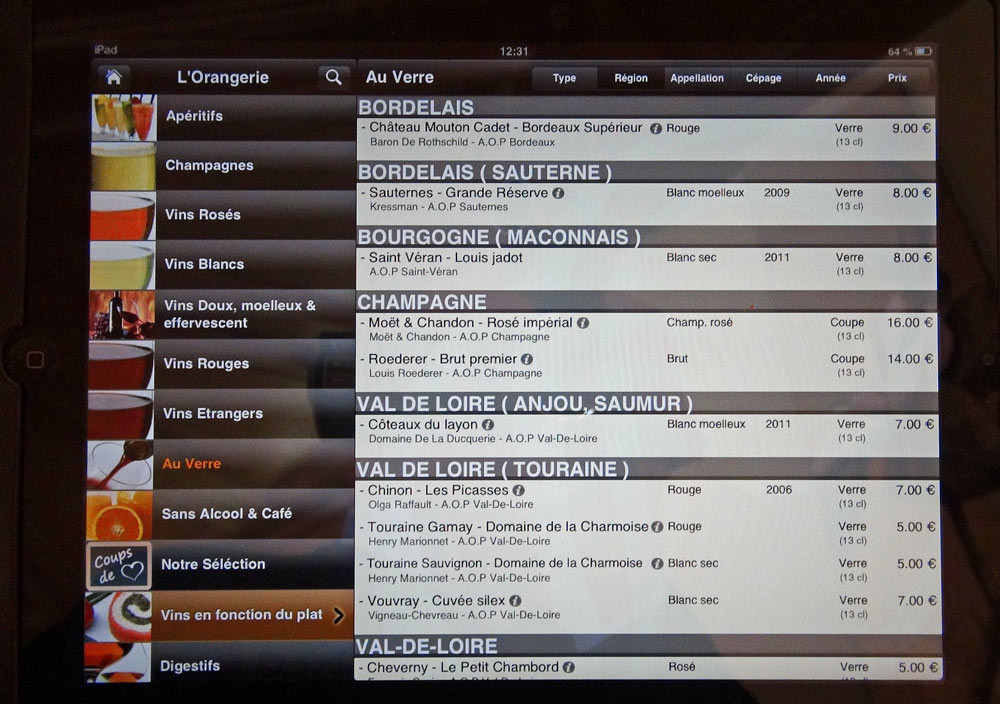 Ipad des vins au verre