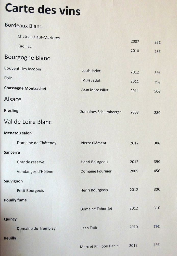 Carte des vins blancs : Bordeaux - Bourgogne - Alasce - Val de Loire