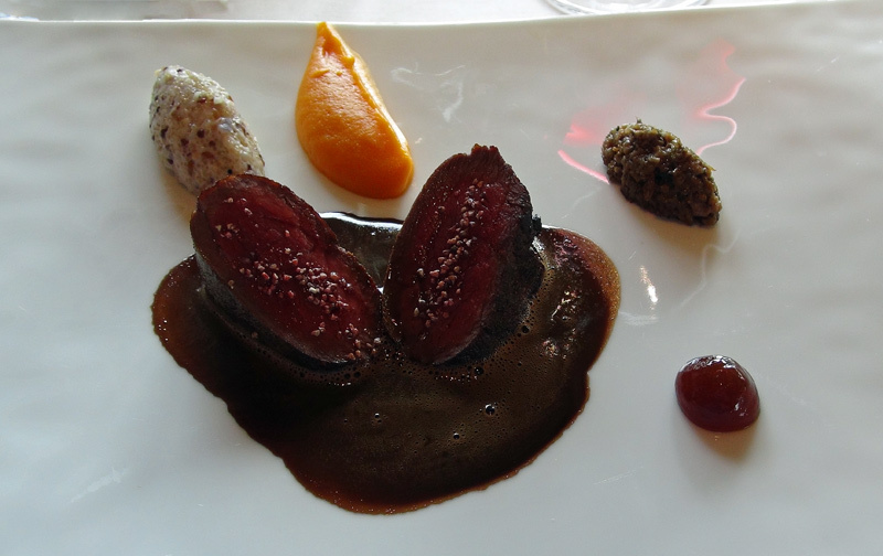 Dos de chevreuil et son jus réduit, purée de potimarron, risotto aux 5 graines
