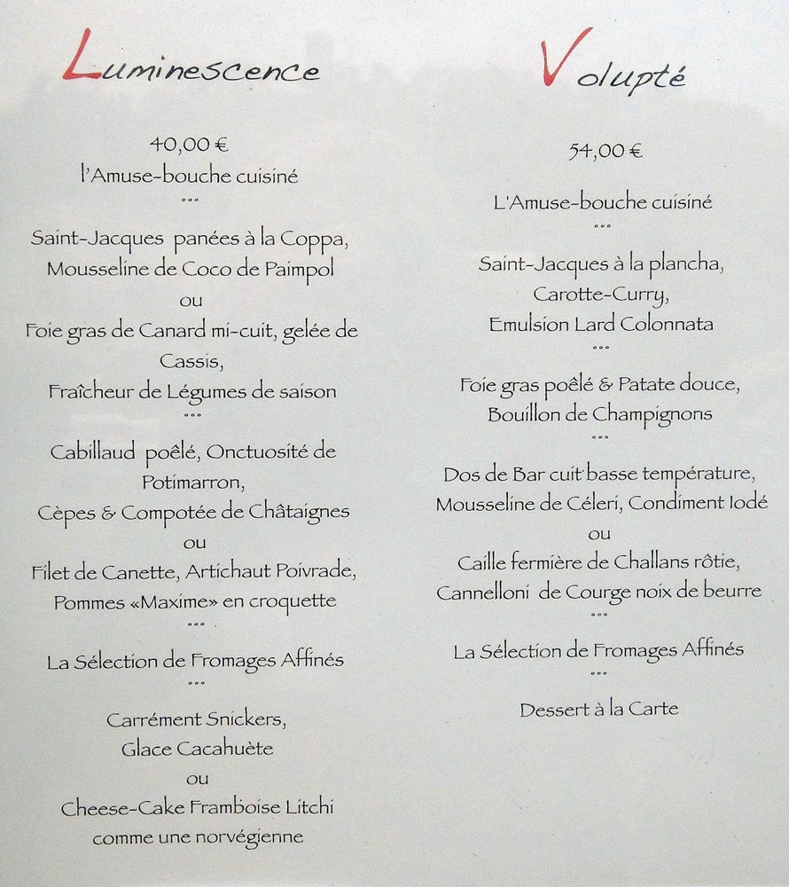 Menus "Luminescence" et "Volupté"