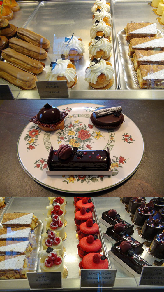 Eclair café, Saint-Honoré & Millefeuille - Grain de Folie, Nouveauté & Noir de Bourgogne - Dame blanche, Macaron framboise & Noir de Bourgogne
