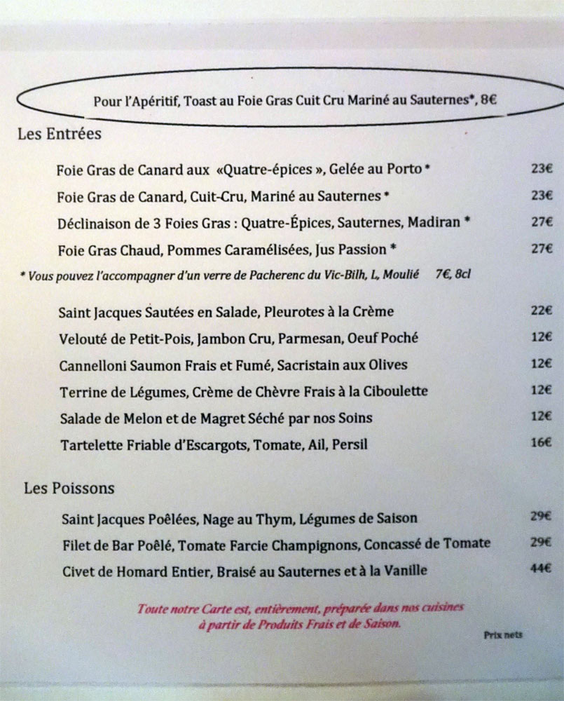 Carte : entrées et poissons