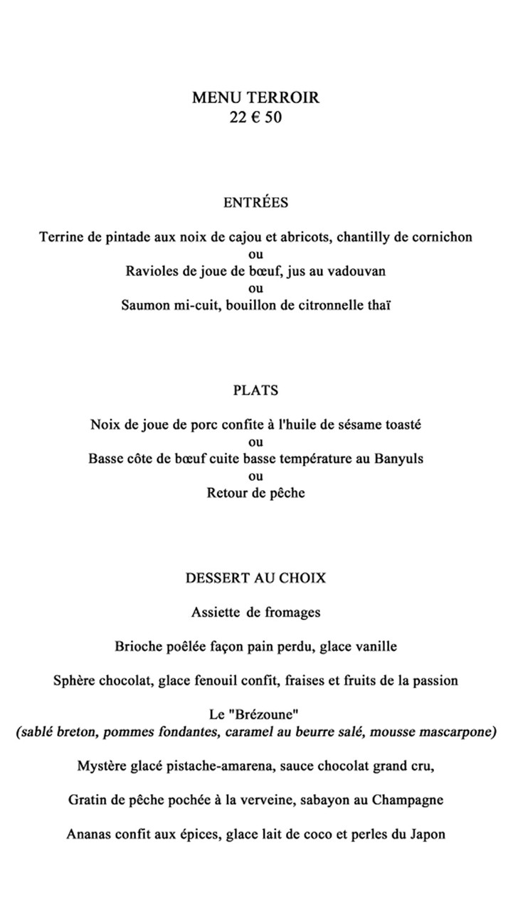 Menu Terroir à 22 € 50 