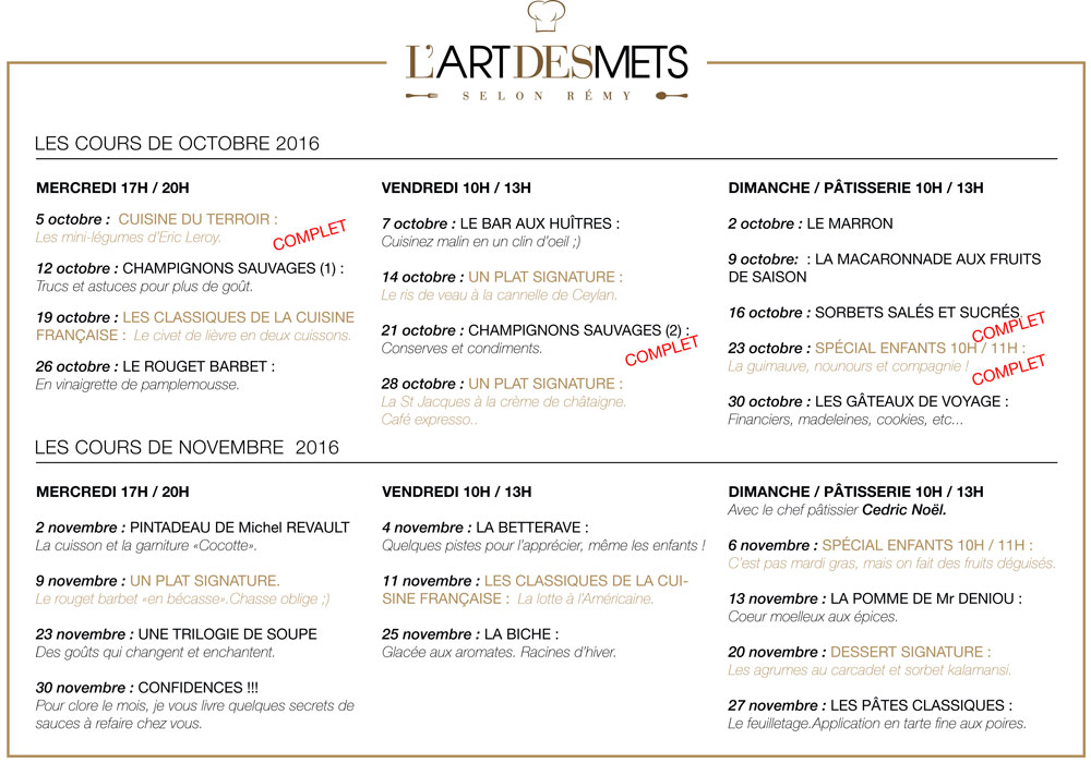 Le programme des cours d'octobre et novembre 2016