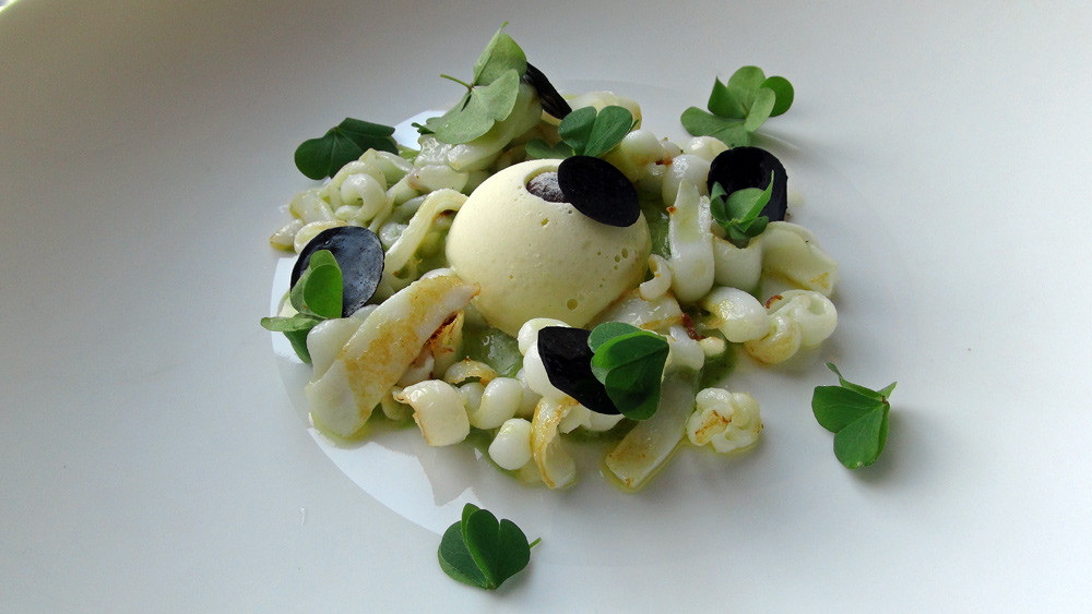 Blanc de seiche juste snacké, parfait glacé a l'huile d'olive et oxalis