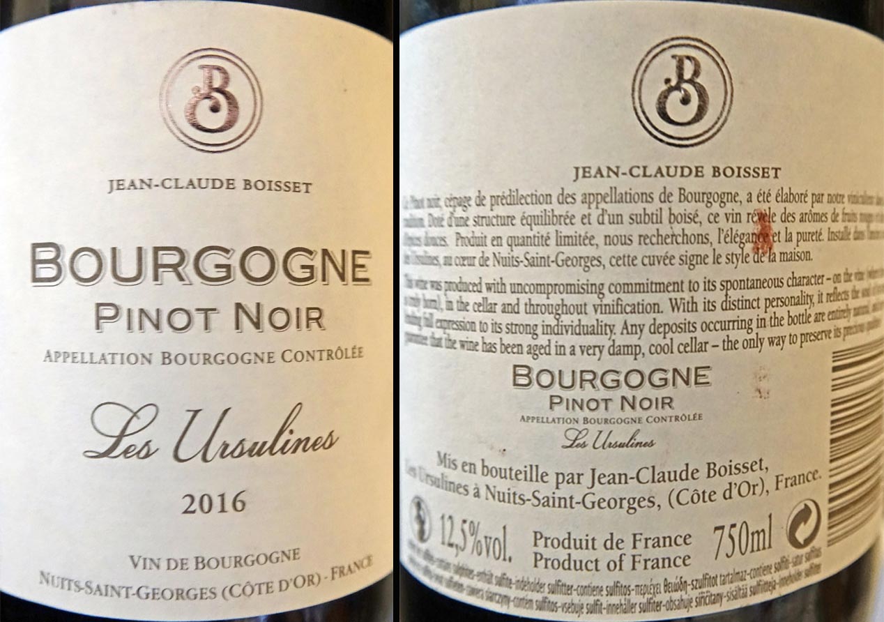 Bourgogne Pinot noir 2016 "Les Ursulines" 