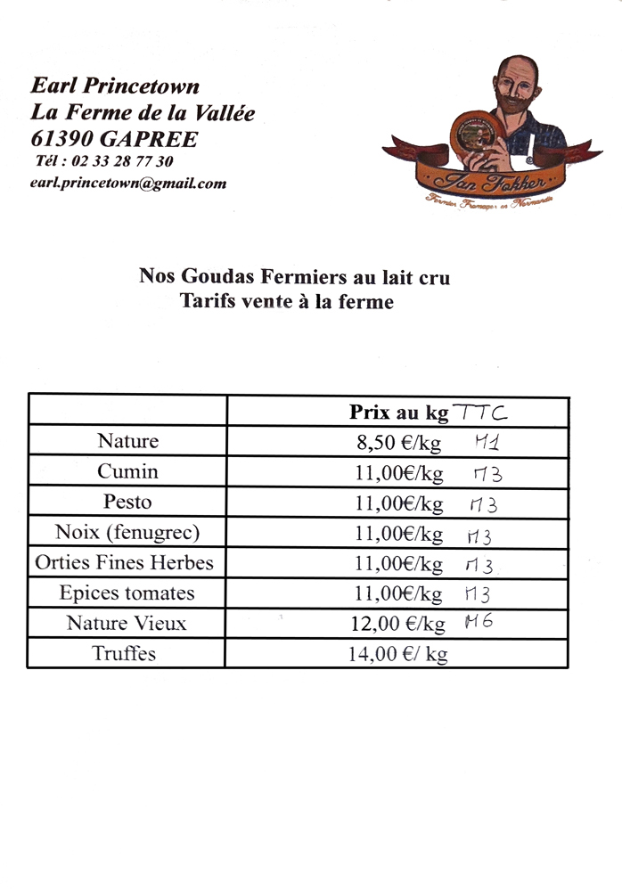 Tarif de vente des différents Goudas