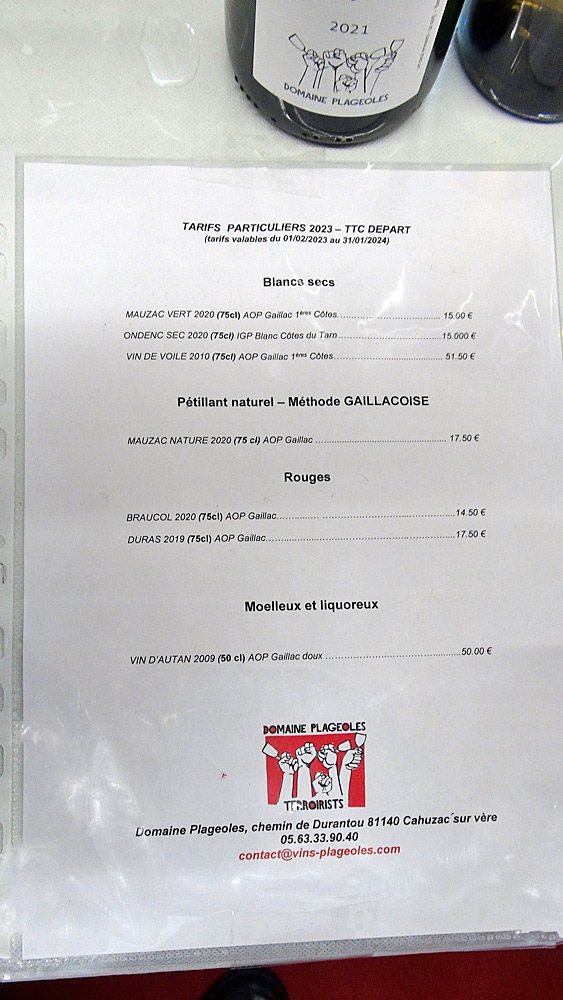 Le tarif des vins