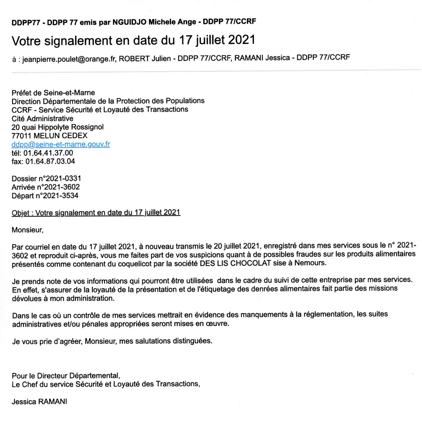 La réponse de la DDCRF du 77