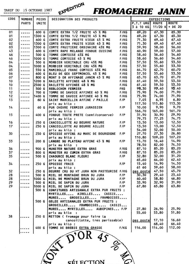 Un tarif de 1987