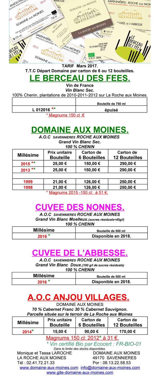 Tarif 2017 des vins disponibles