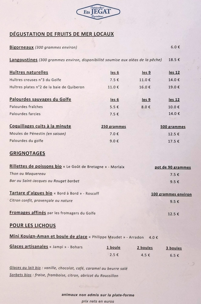 La carte des plats
