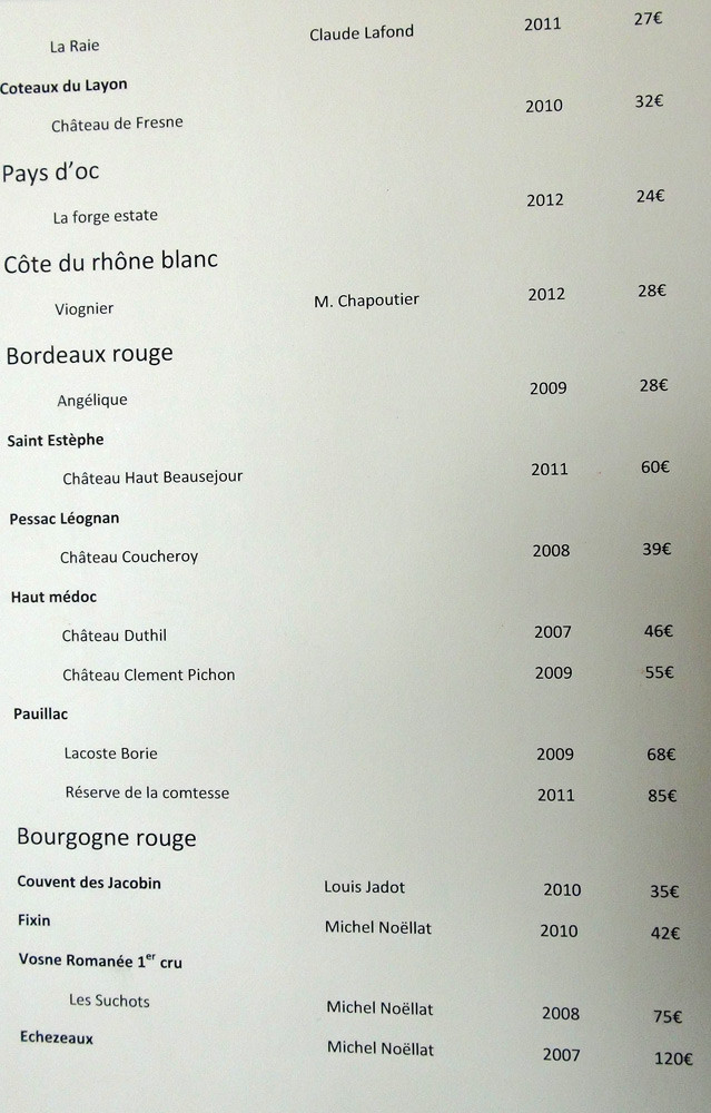 Carte des vins blancs et rouges : Pays d'Oc - Côtes du Rhône - Bordeaux - Bourgogne