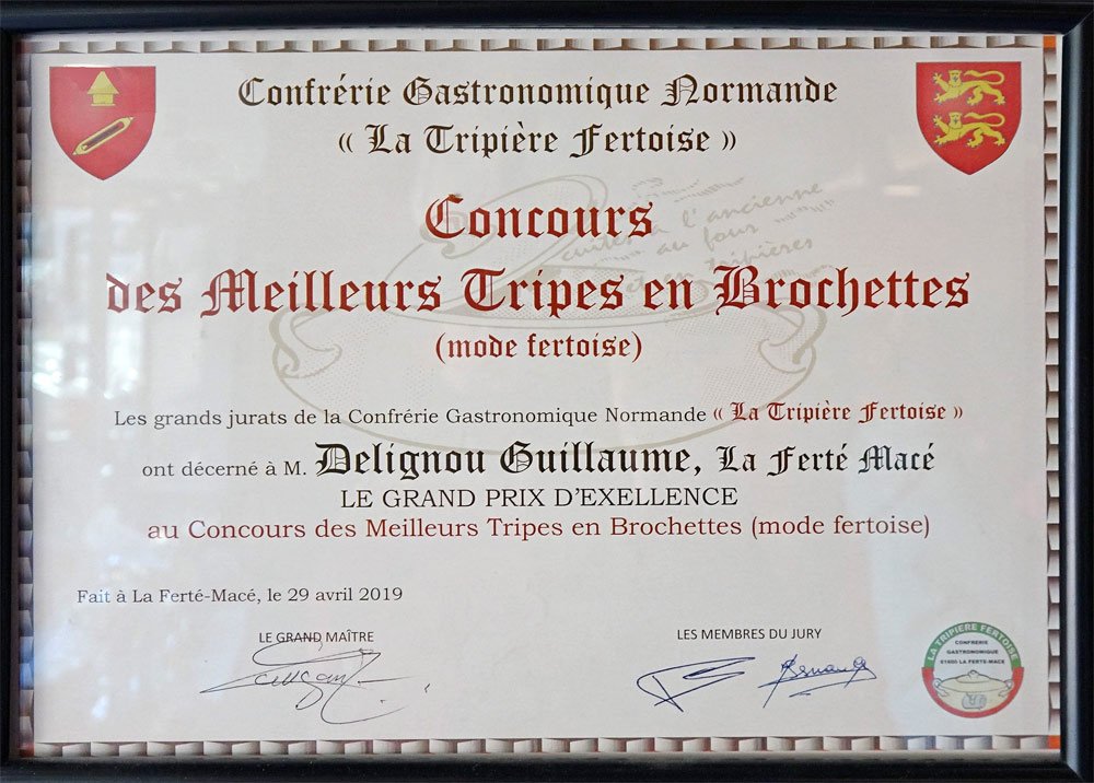 Diplôme pour les tripes en brochettes