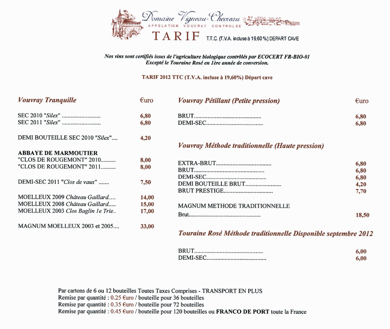Tarif TTC 2012