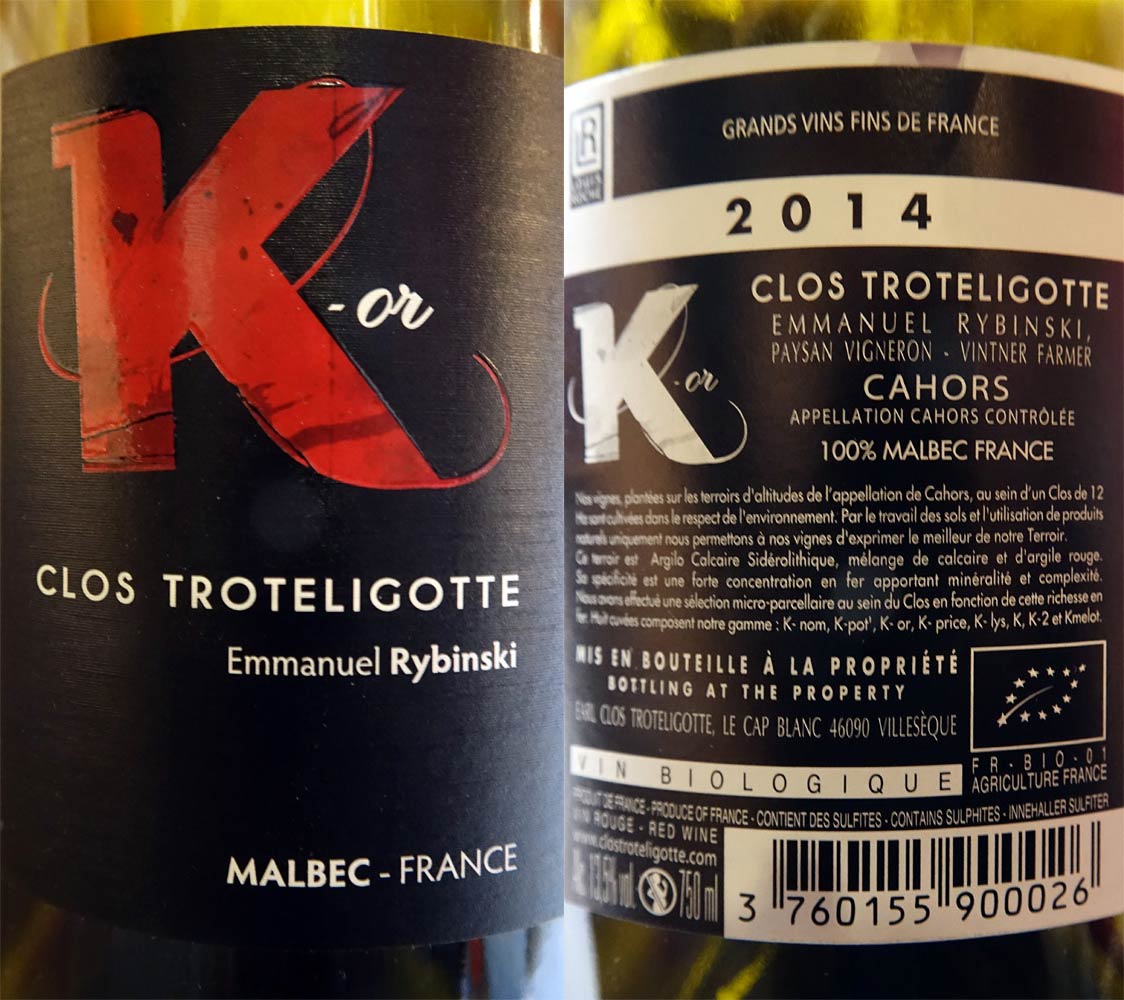 Cahors 2014 "K-or" Clos Troteligotte sur les Coquillettes, truffe noire, jambon blanc, comté