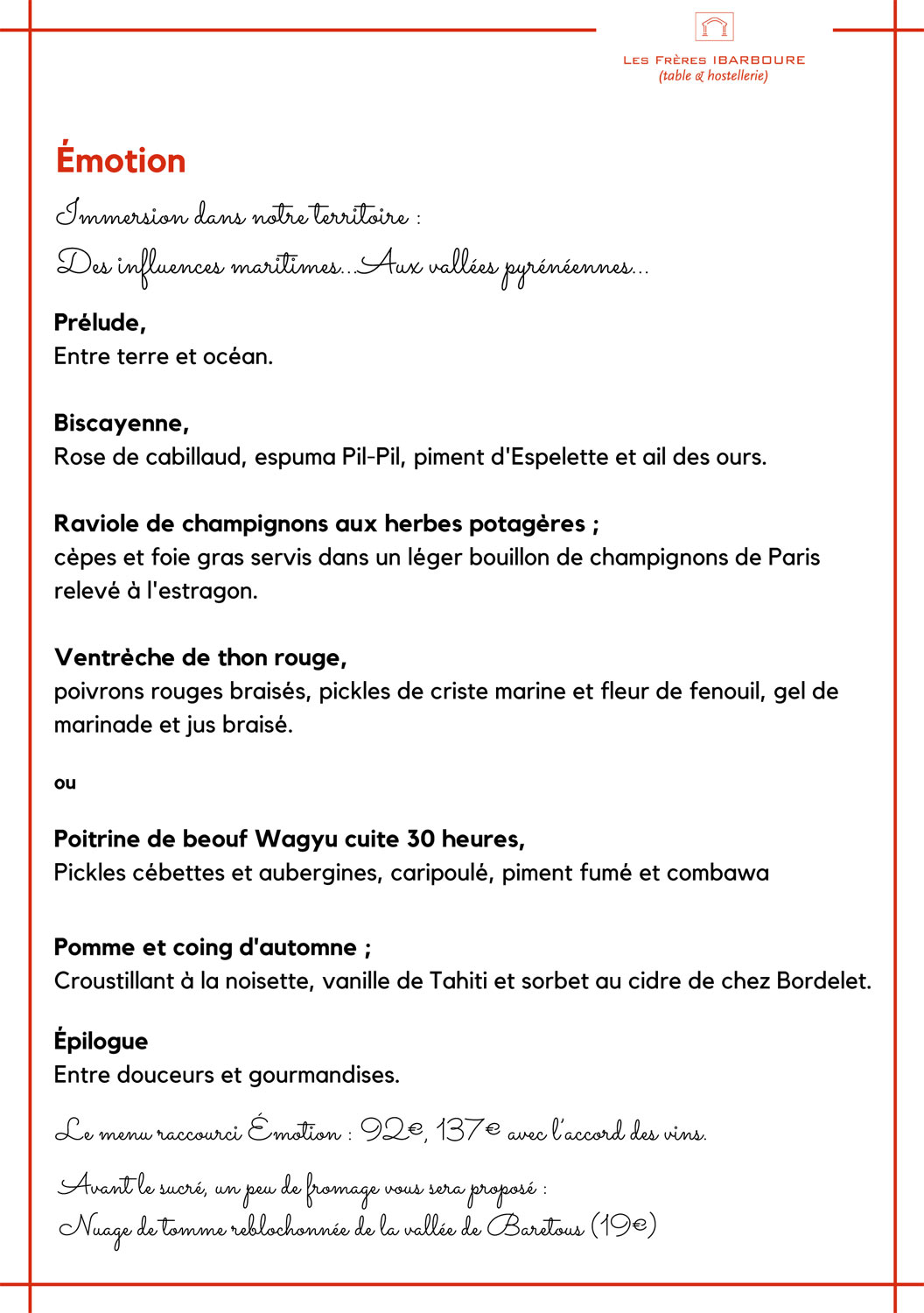 Menu Dégustation ou Emotion