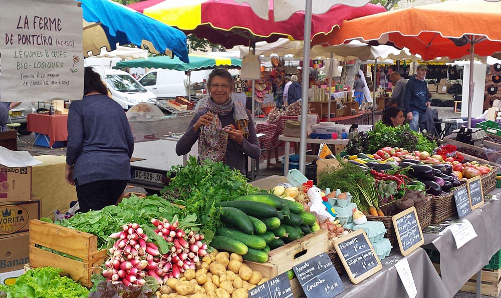 Aude Duwer sur un marché - Crédit photo "La Ferme de Pontcirq"