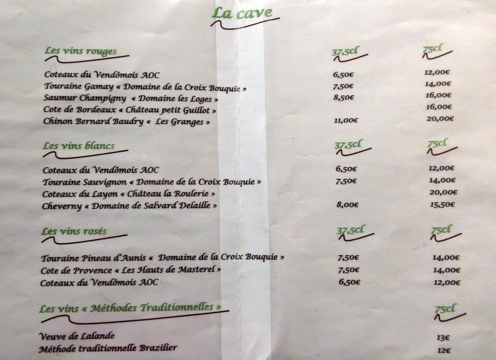 Carte des vins (ajouter 50 centimes d'euro pour tenir compte de l'augmentation de la TVA)