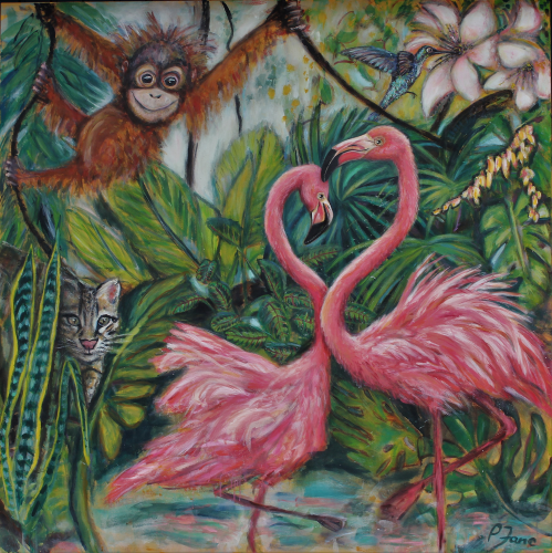 Flamingos in love, 160 x 160, Acryl, Pigmente und Binder auf Leinwand