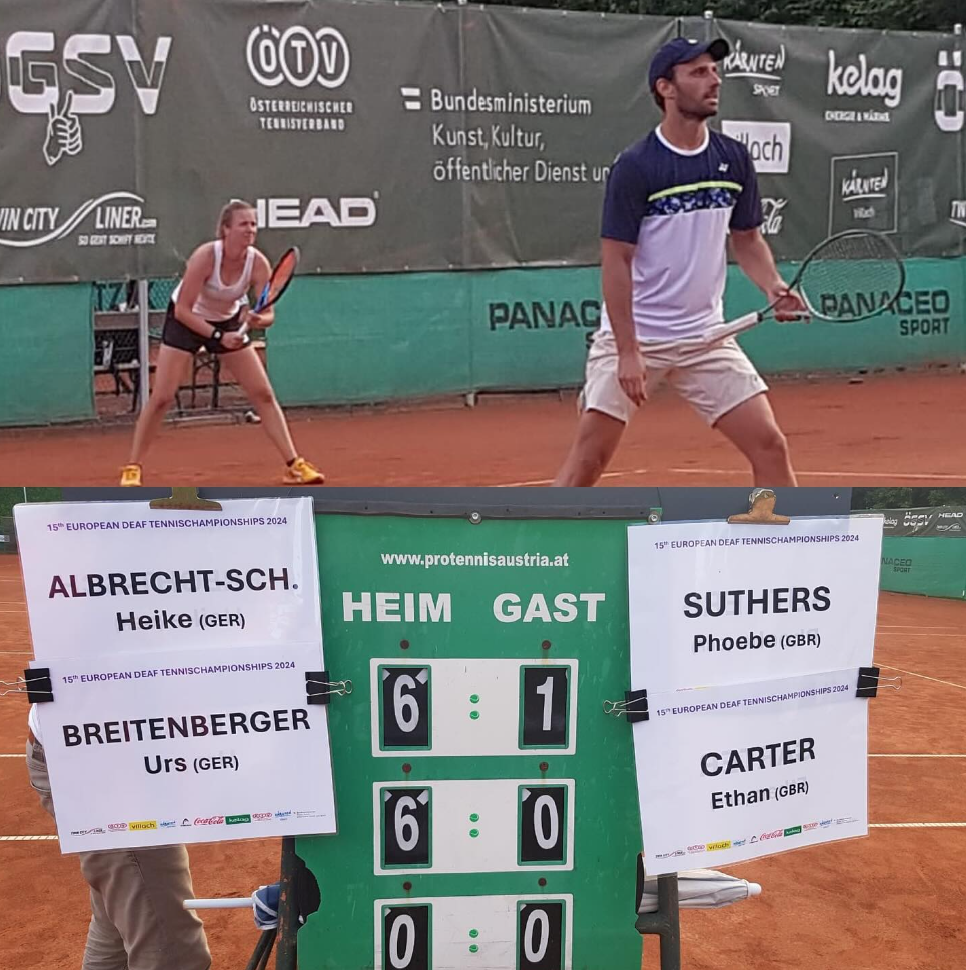 Heike und Urs beim klaren Sieg im Viertelfinale bei den Gehörlosen-Tennis-Europameisterschaften in Villach/Österreich im Mixed