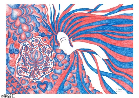 赤と青色の髪の女神(ペン画＋ペン点描画)　ハーモニー ／ A4(210×297mm)