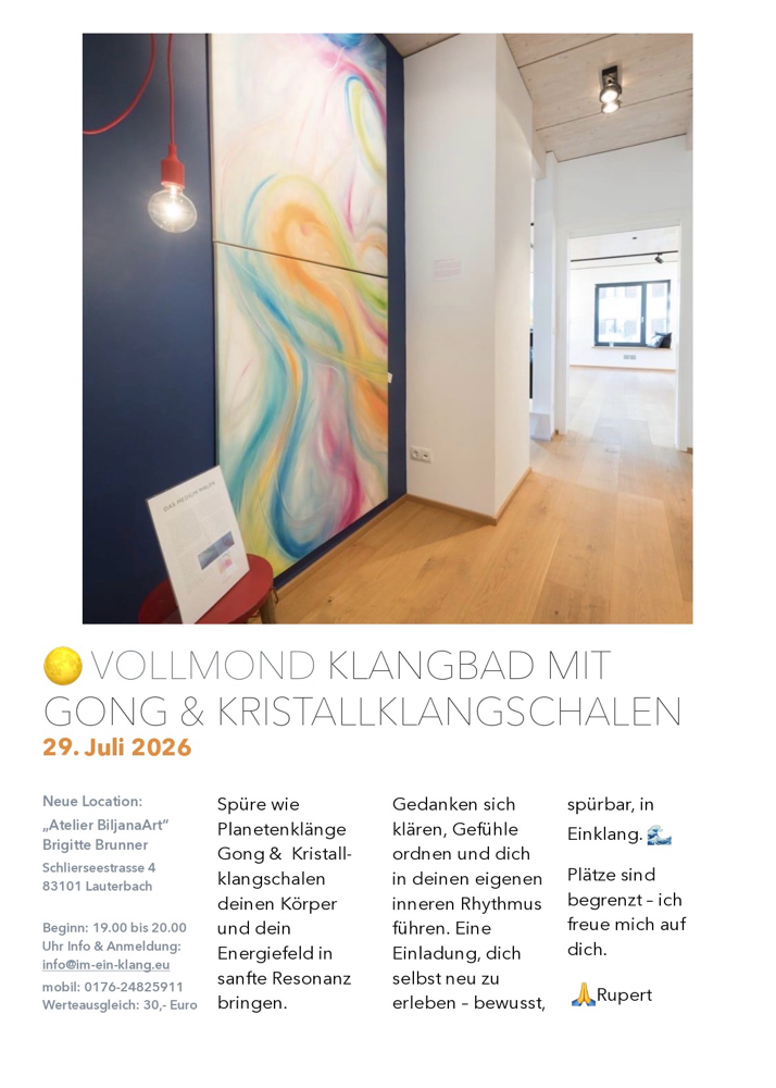 Ihr Lieben, es ist wieder soweit und die nächste special Vollmond Gong & Kristallklangschalen Erlebnisklangreise findet am Samstag den 24.02.2024 um 19.00 Uhr im BioScalar-Zentrum in Großkarolinenfeld statt. In diesem geschützten Raum erlauben wir uns,