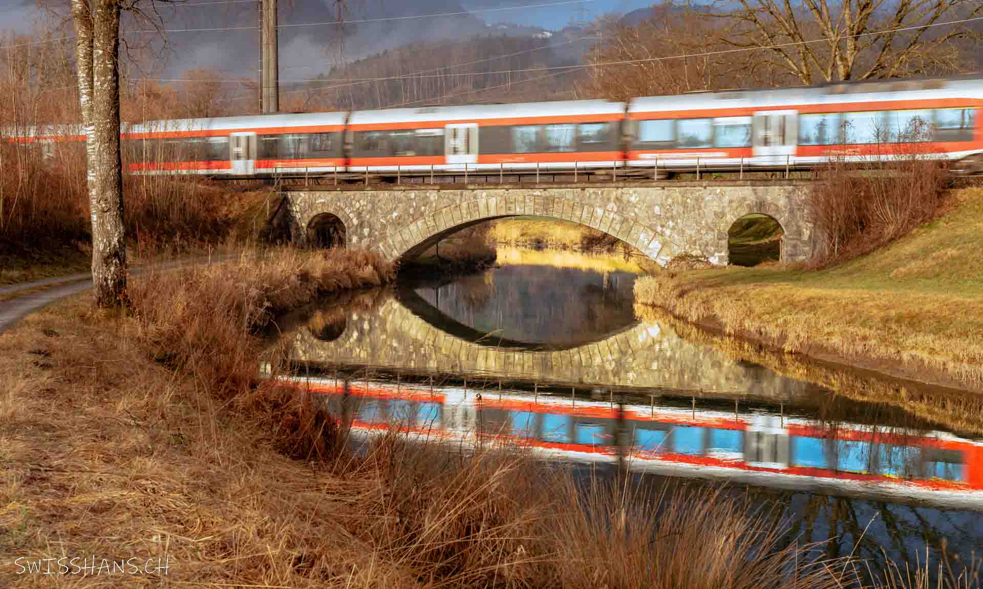 Eisenbahnbrücke bei Rüthi mit Zug