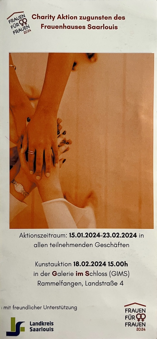 Februar 2024: Pam Jonas X Charity Frauen für Frauen, Frauenhaus Saarlouis, Flyer