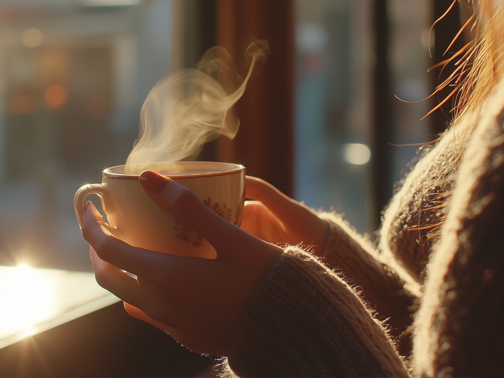 窓辺で湯気の立つマグカップを両手で包み、温かいお茶を味わうひととき。アズキ紅茶のある暮らしをイメージした写真。