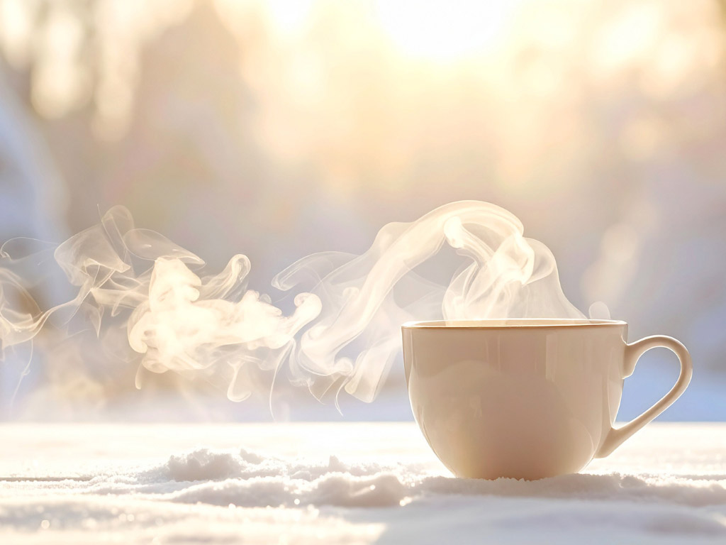 雪景色の中で湯気を立てる温かい飲み物。小豆と紅茶で巡りを整え、体にやさしく届かせるアズキ紅茶