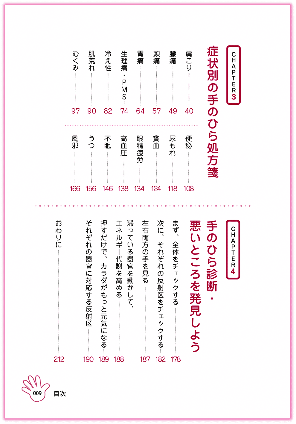 Amazon東洋医学部門ベストセラー1位_『むぎゅ〜っと押すだけ！簡単手のひら健康法』カクワークス社_p9_目次-手のひらセラピー