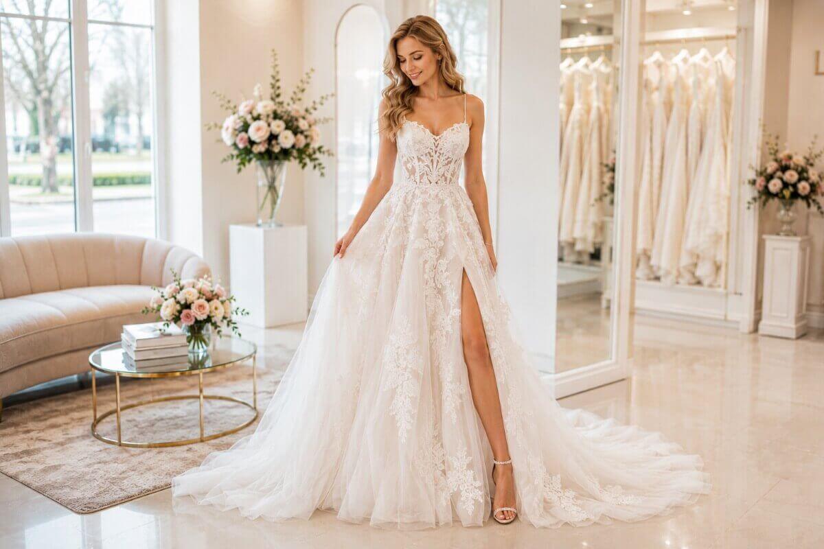 Leichtes Chiffon Sommer-Brautkleid für deine Hochzeit. Termin sichern in Homburg.