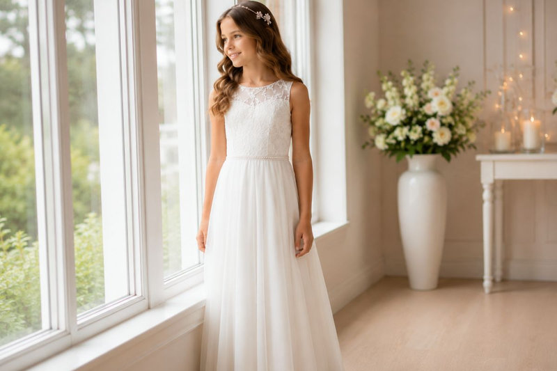 Ein klassisches, weiches Kommunionkleid für Mädchen aus kratzfreiem und bequemem Material.