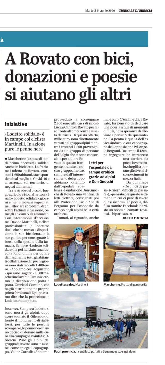 Giornale di Brescia del 14/04/2020: solidarietà vera e ...una piccola poesia