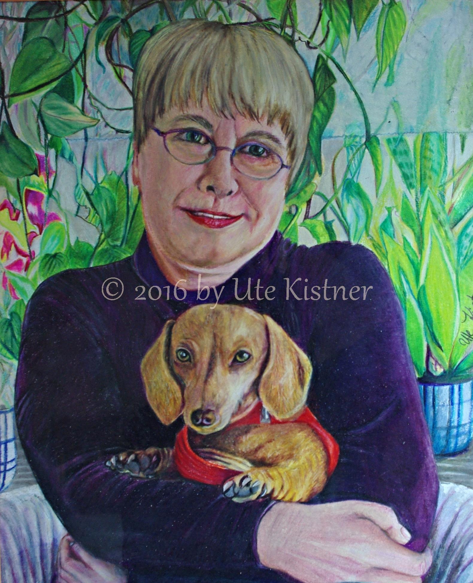 Portrait mit Dackel, colored pencil, DIN A3,  Auftragsarbeit privat
