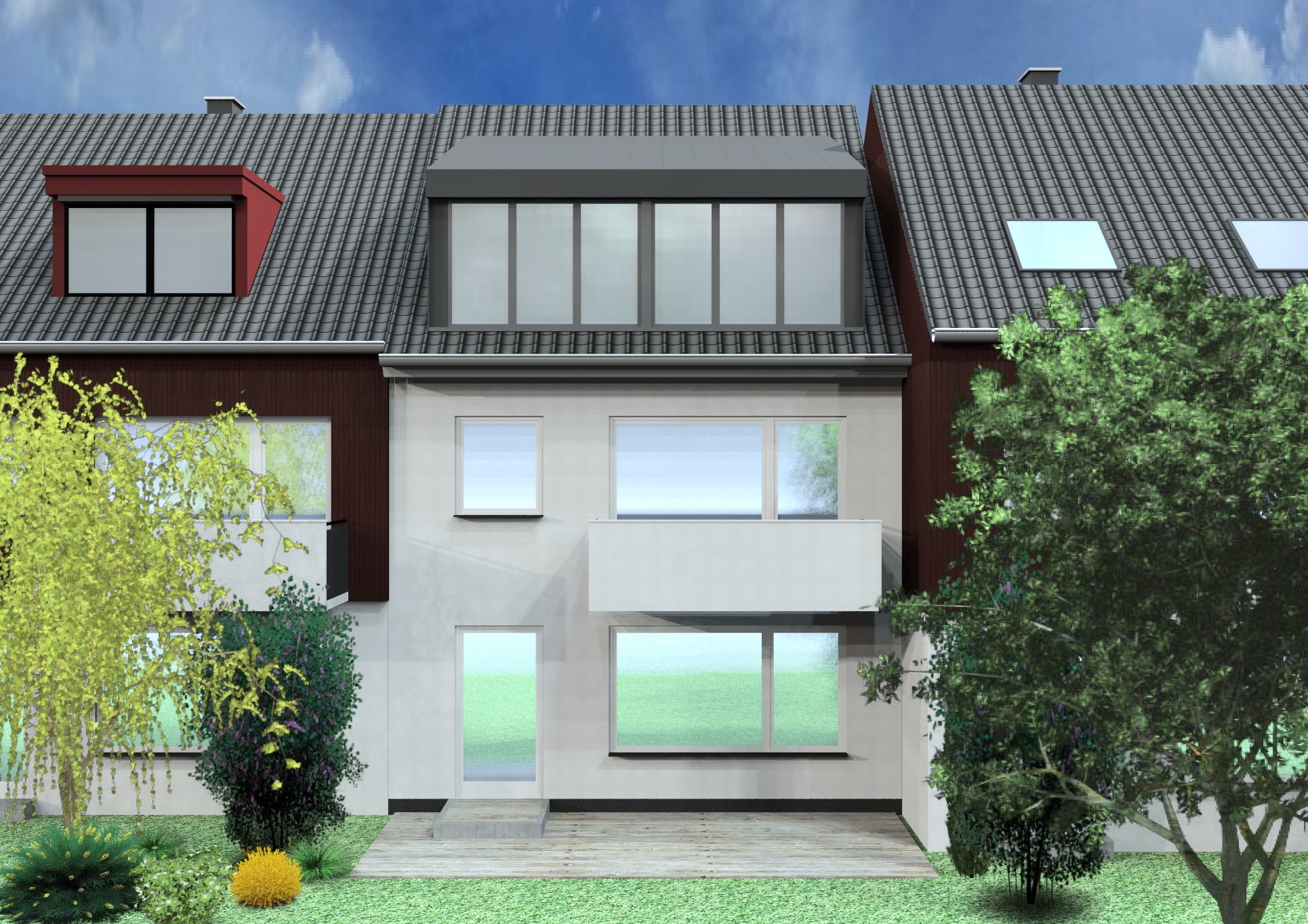 Reihenhaus mit Dachgiebel Garten Ansicht