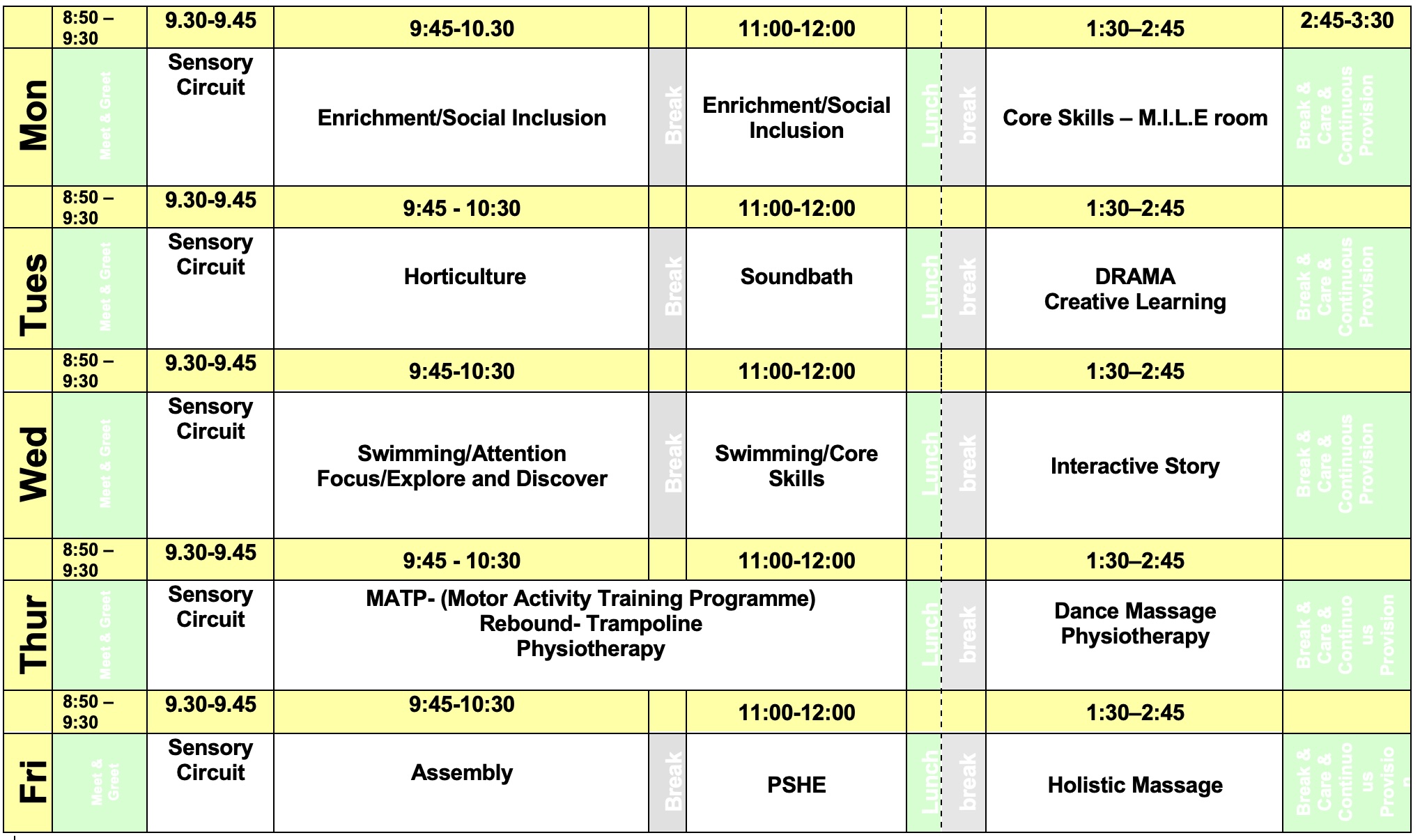 Pre-formal Timetable