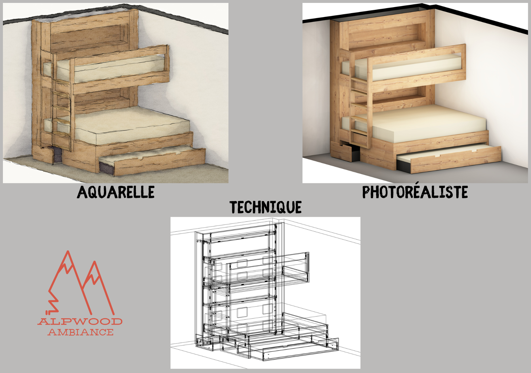 Dessins - Lit à étage en vieux bois