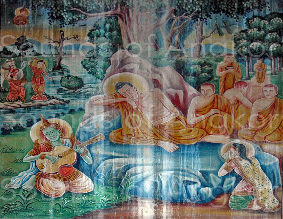 Leçon des “quatre” cordes avec une guitare acoustique. Vat Kuk Nokor (Pongro, Dist. Baray, Prov. Kampong Thom. Peinture de 1955. © Danielle Guéret 2005